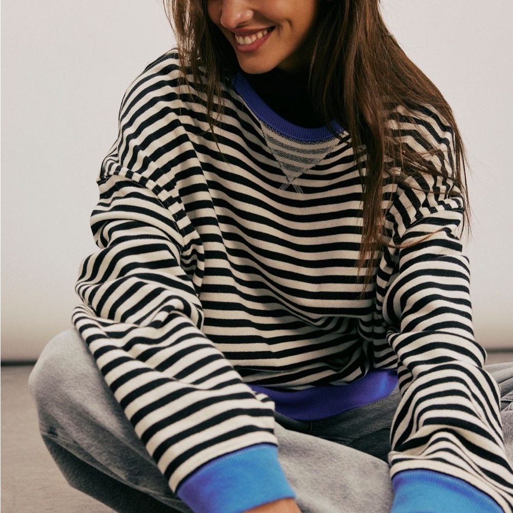 Free People Classic Striped Oversized Crewneck Black Combo
